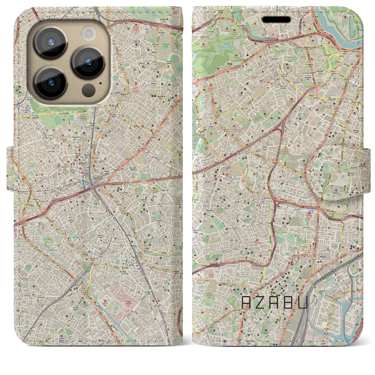 【麻布】地図柄iPhoneケース（手帳両面タイプ・ナチュラル）iPhone 14 Pro Max 用
