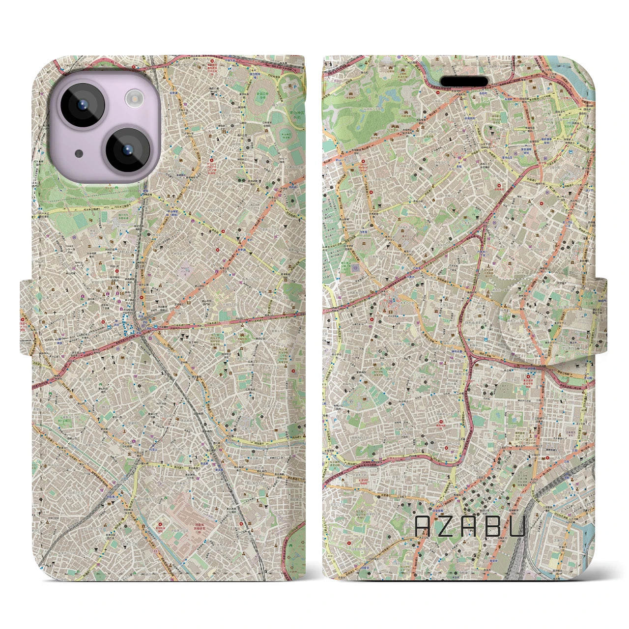 【麻布】地図柄iPhoneケース（手帳両面タイプ・ナチュラル）iPhone 14 用