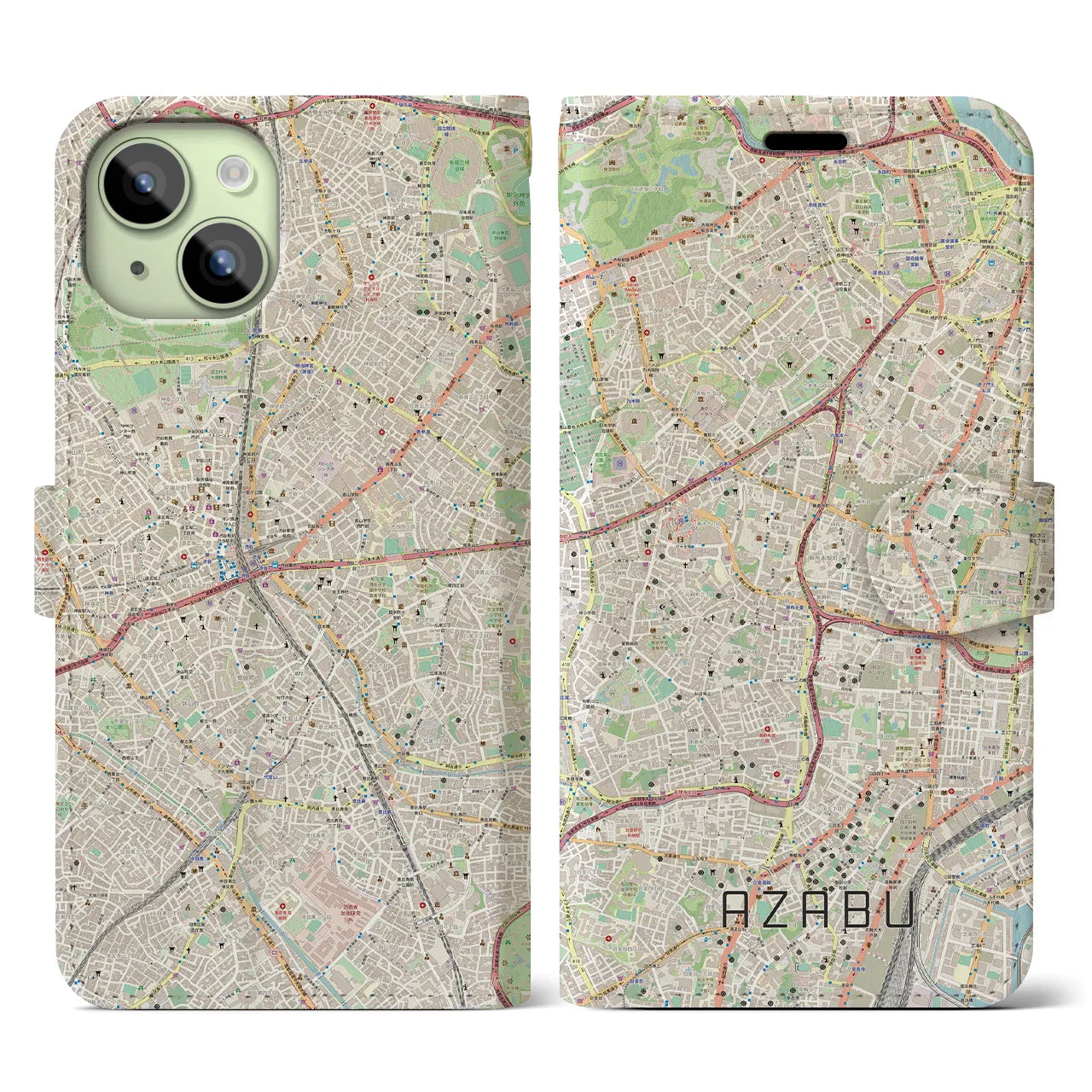 【麻布】地図柄iPhoneケース（手帳両面タイプ・ナチュラル）iPhone 15 用