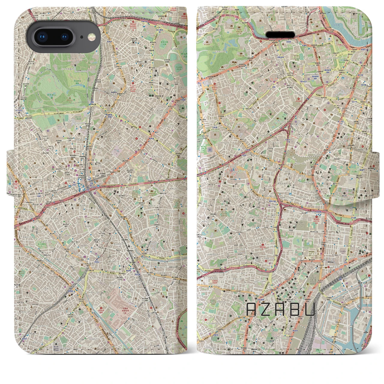 【麻布】地図柄iPhoneケース（手帳両面タイプ・ナチュラル）iPhone 8Plus /7Plus / 6sPlus / 6Plus 用