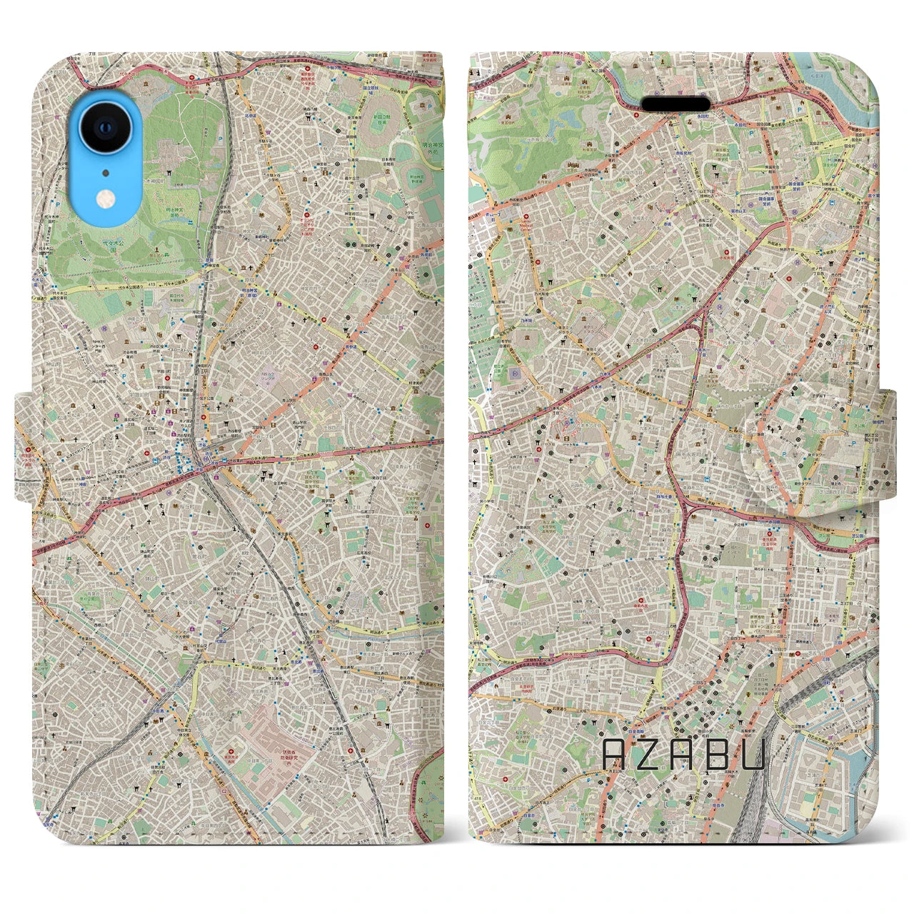 【麻布】地図柄iPhoneケース（手帳両面タイプ・ナチュラル）iPhone XR 用