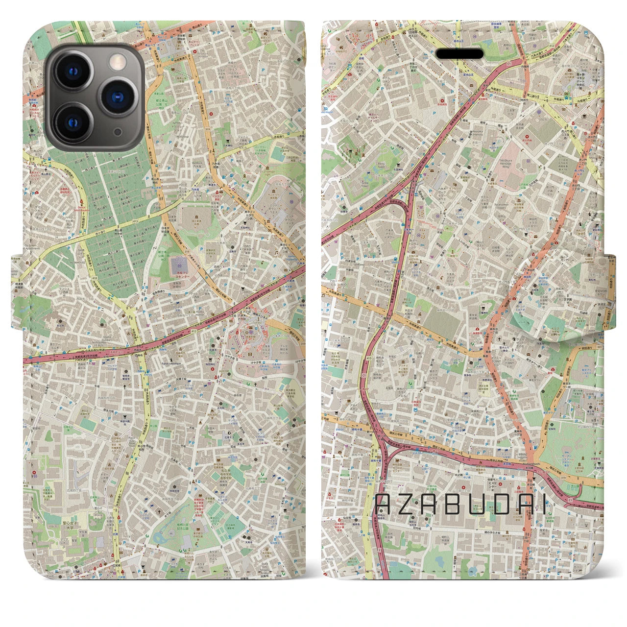 【麻布台】地図柄iPhoneケース（手帳両面タイプ・ナチュラル）iPhone 11 Pro Max 用
