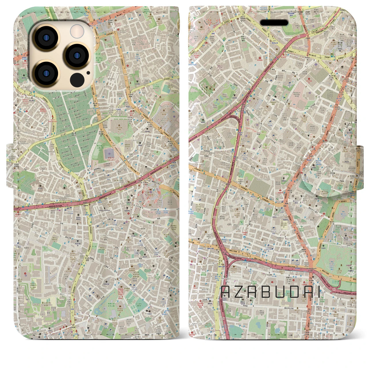 【麻布台】地図柄iPhoneケース（手帳両面タイプ・ナチュラル）iPhone 12 Pro Max 用