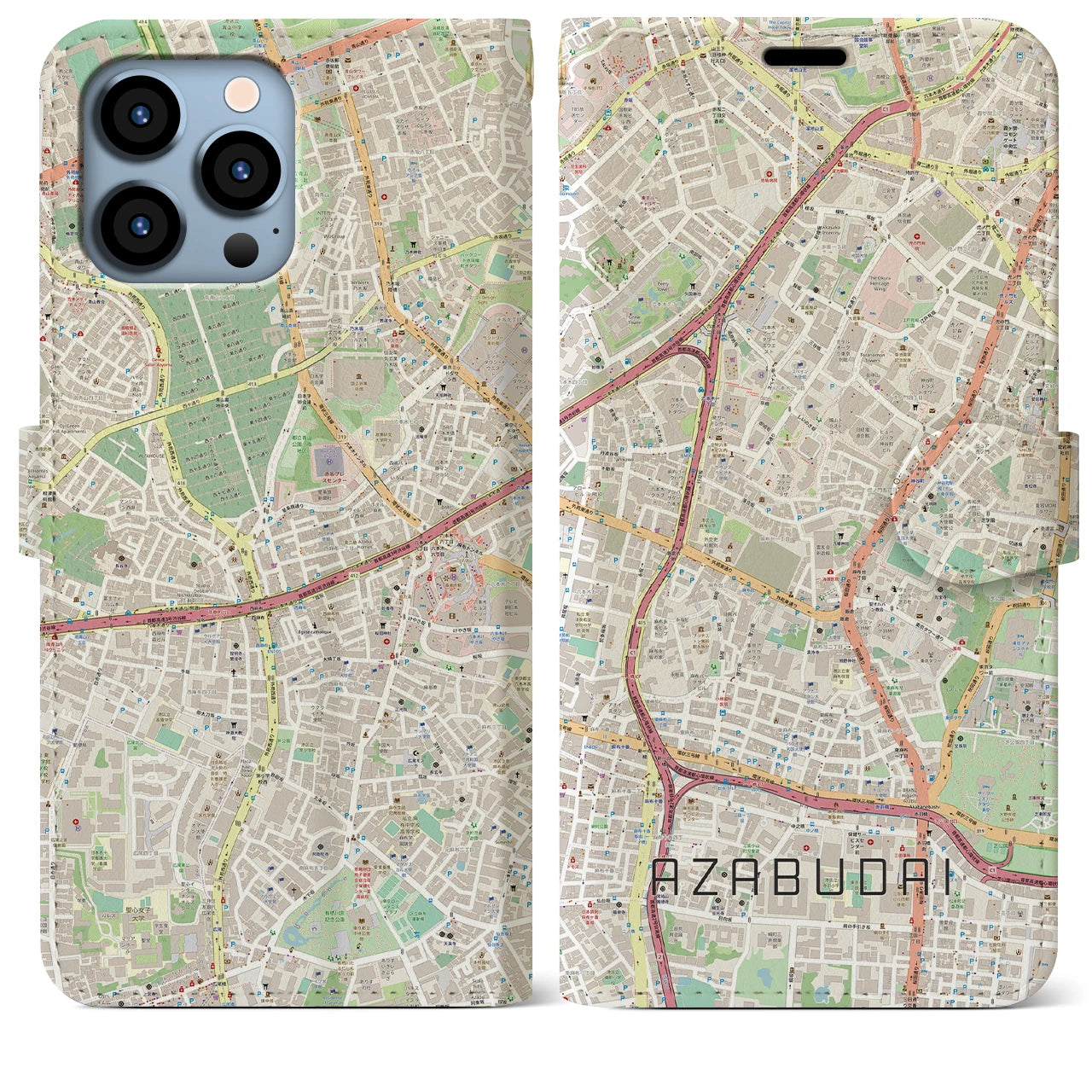 【麻布台】地図柄iPhoneケース（手帳両面タイプ・ナチュラル）iPhone 13 Pro Max 用
