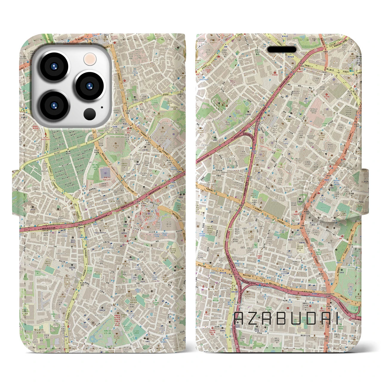 【麻布台】地図柄iPhoneケース（手帳両面タイプ・ナチュラル）iPhone 13 Pro 用