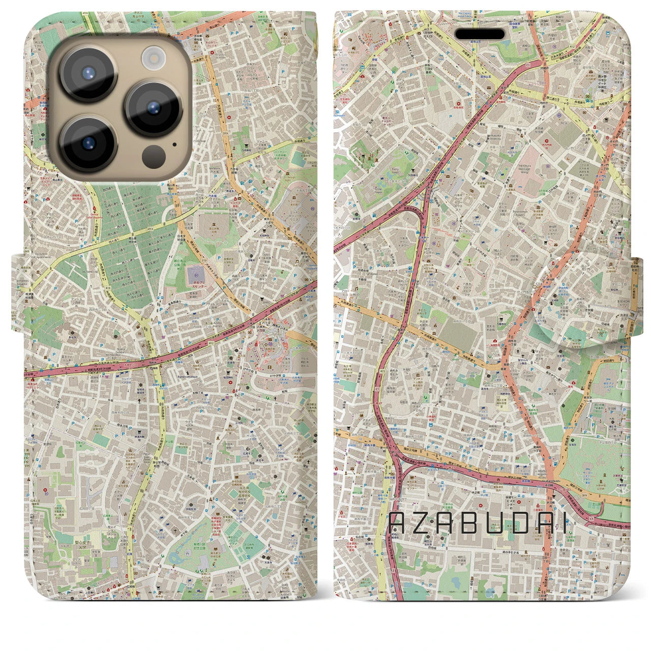 【麻布台】地図柄iPhoneケース（手帳両面タイプ・ナチュラル）iPhone 14 Pro Max 用