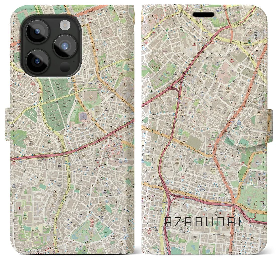 【麻布台】地図柄iPhoneケース（手帳両面タイプ・ナチュラル）iPhone 15 Pro Max 用