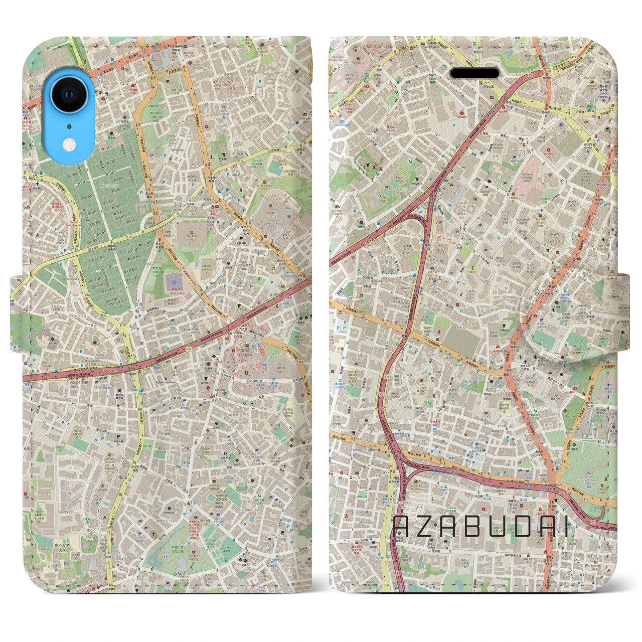 【麻布台】地図柄iPhoneケース（手帳両面タイプ・ナチュラル）iPhone XR 用
