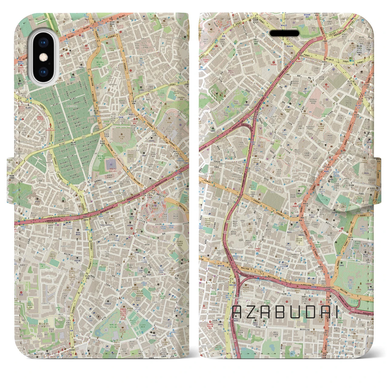【麻布台】地図柄iPhoneケース（手帳両面タイプ・ナチュラル）iPhone XS Max 用