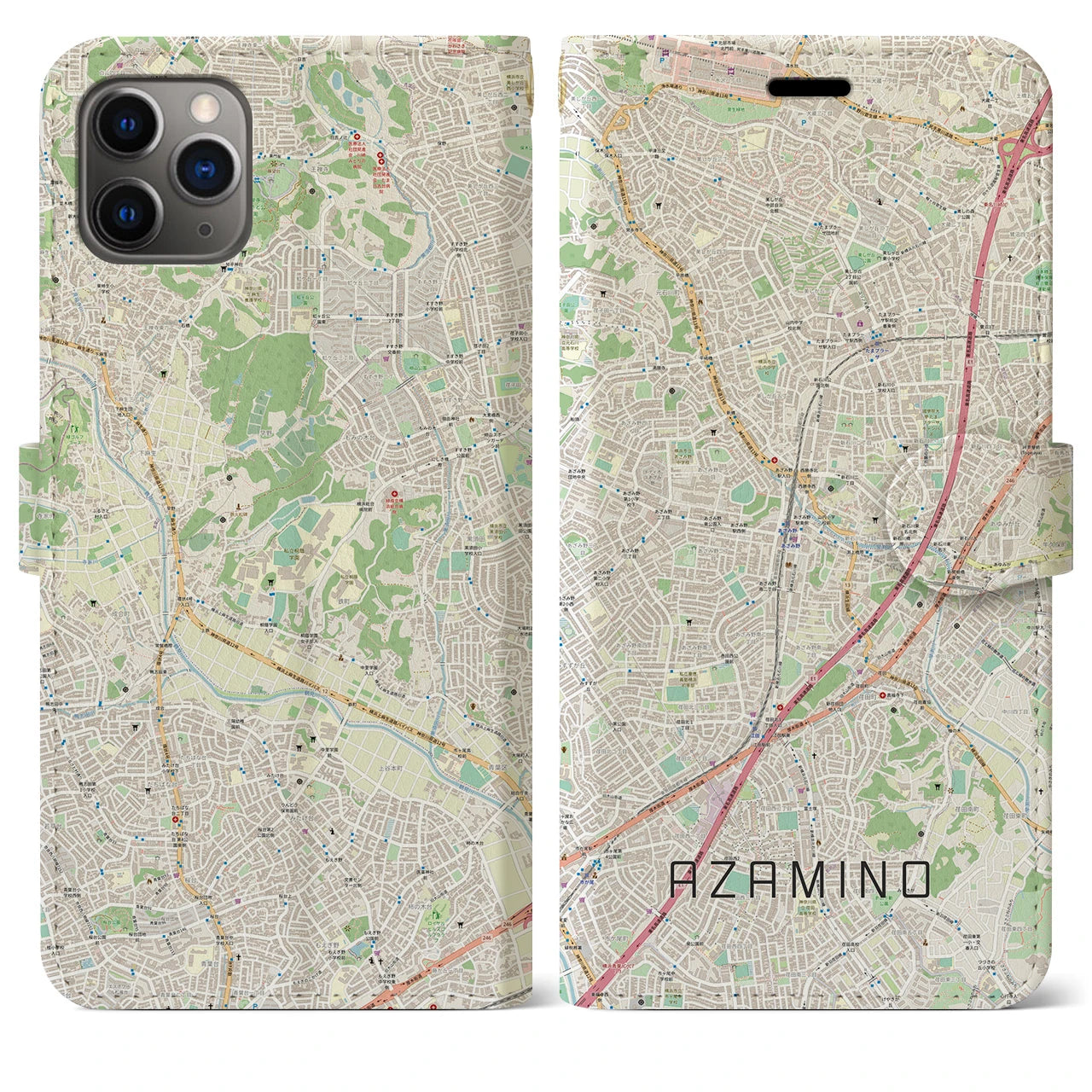 【あざみ野】地図柄iPhoneケース（手帳両面タイプ・ナチュラル）iPhone 11 Pro Max 用