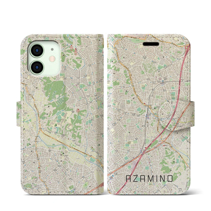 【あざみ野（神奈川県）】地図柄iPhoneケース（手帳タイプ）ナチュラル・iPhone 12 mini 用