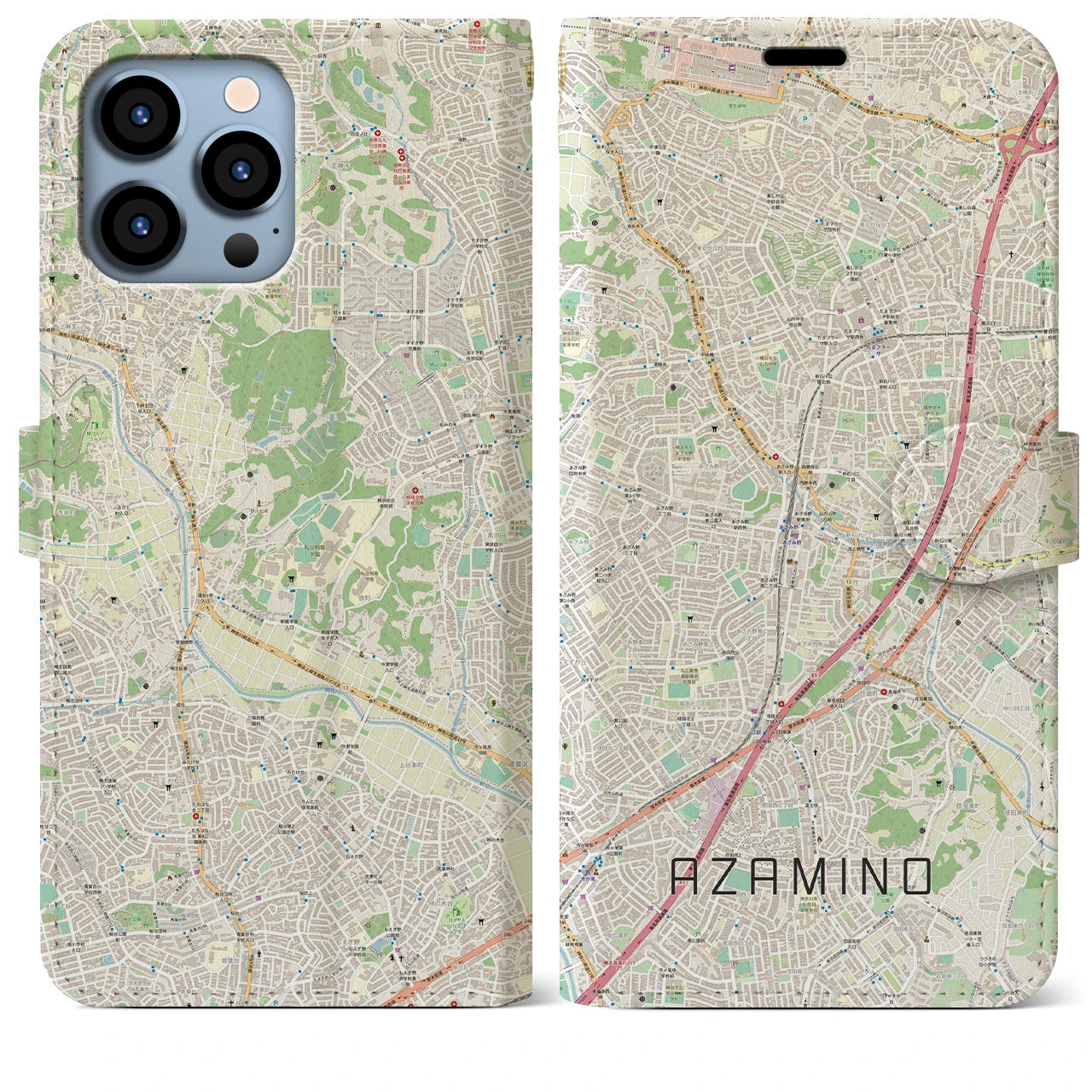【あざみ野】地図柄iPhoneケース（手帳両面タイプ・ナチュラル）iPhone 13 Pro Max 用