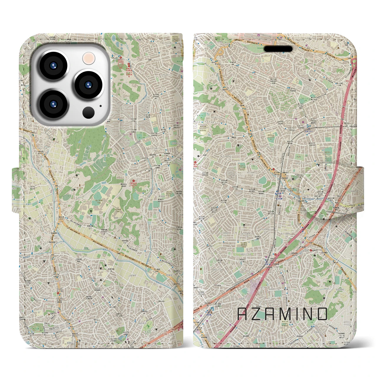 【あざみ野】地図柄iPhoneケース（手帳両面タイプ・ナチュラル）iPhone 13 Pro 用