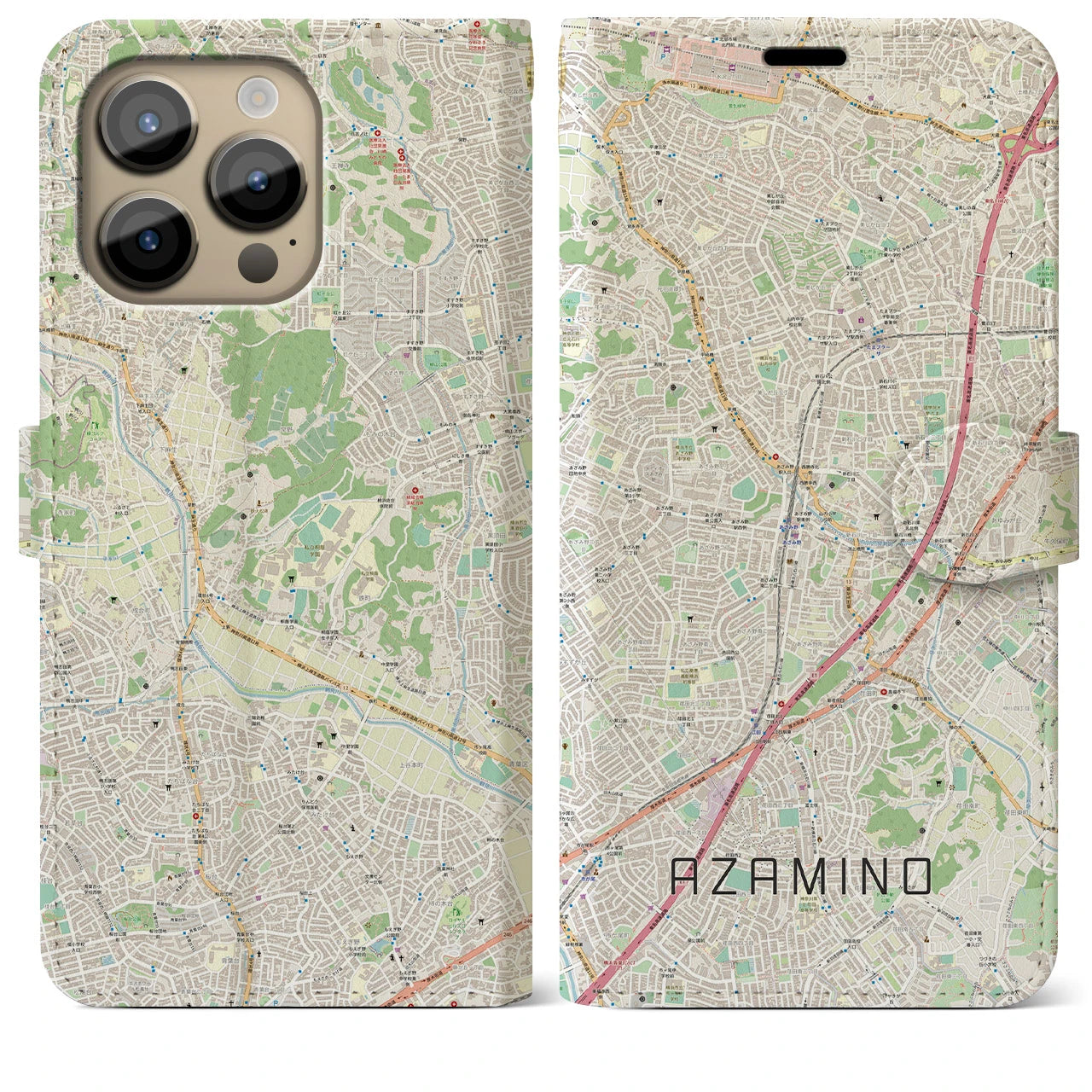 【あざみ野】地図柄iPhoneケース（手帳両面タイプ・ナチュラル）iPhone 14 Pro Max 用