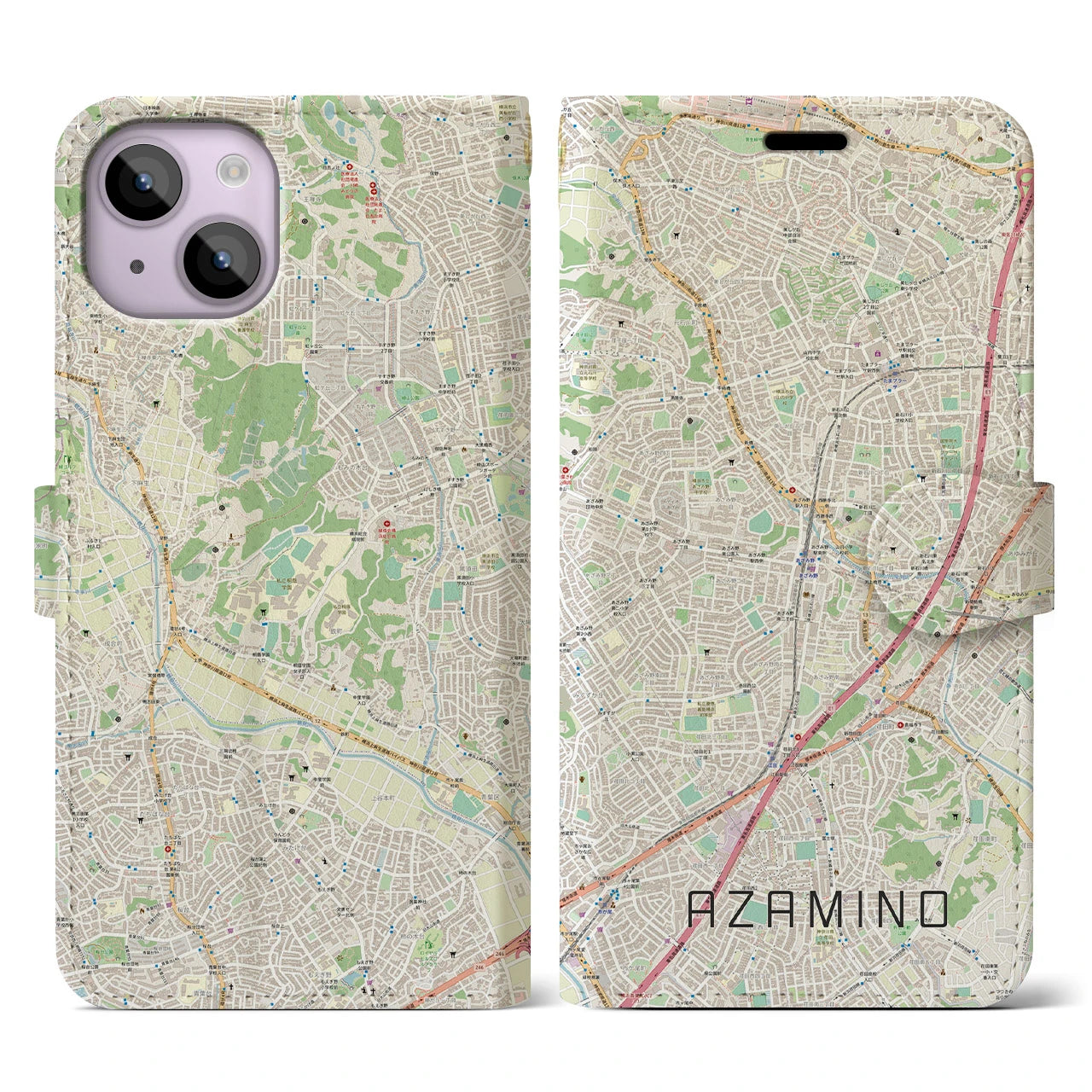 【あざみ野】地図柄iPhoneケース（手帳両面タイプ・ナチュラル）iPhone 14 用