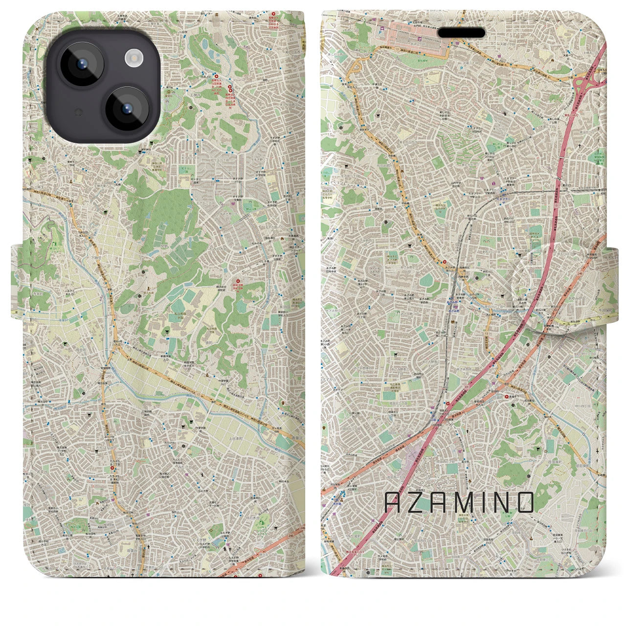 【あざみ野】地図柄iPhoneケース（手帳両面タイプ・ナチュラル）iPhone 14 Plus 用