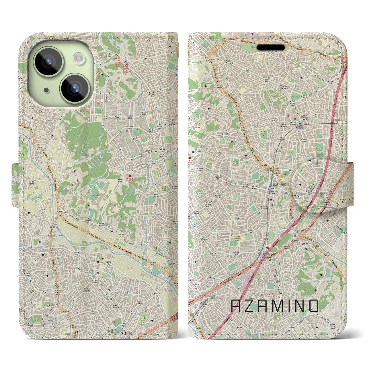 【あざみ野】地図柄iPhoneケース（手帳両面タイプ・ナチュラル）iPhone 15 用