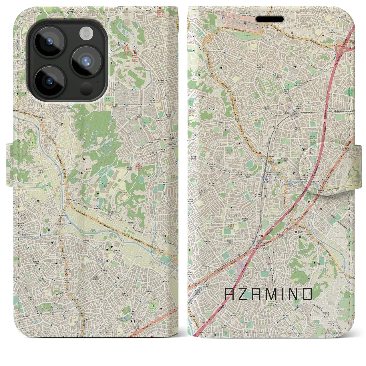 【あざみ野】地図柄iPhoneケース（手帳両面タイプ・ナチュラル）iPhone 15 Pro Max 用