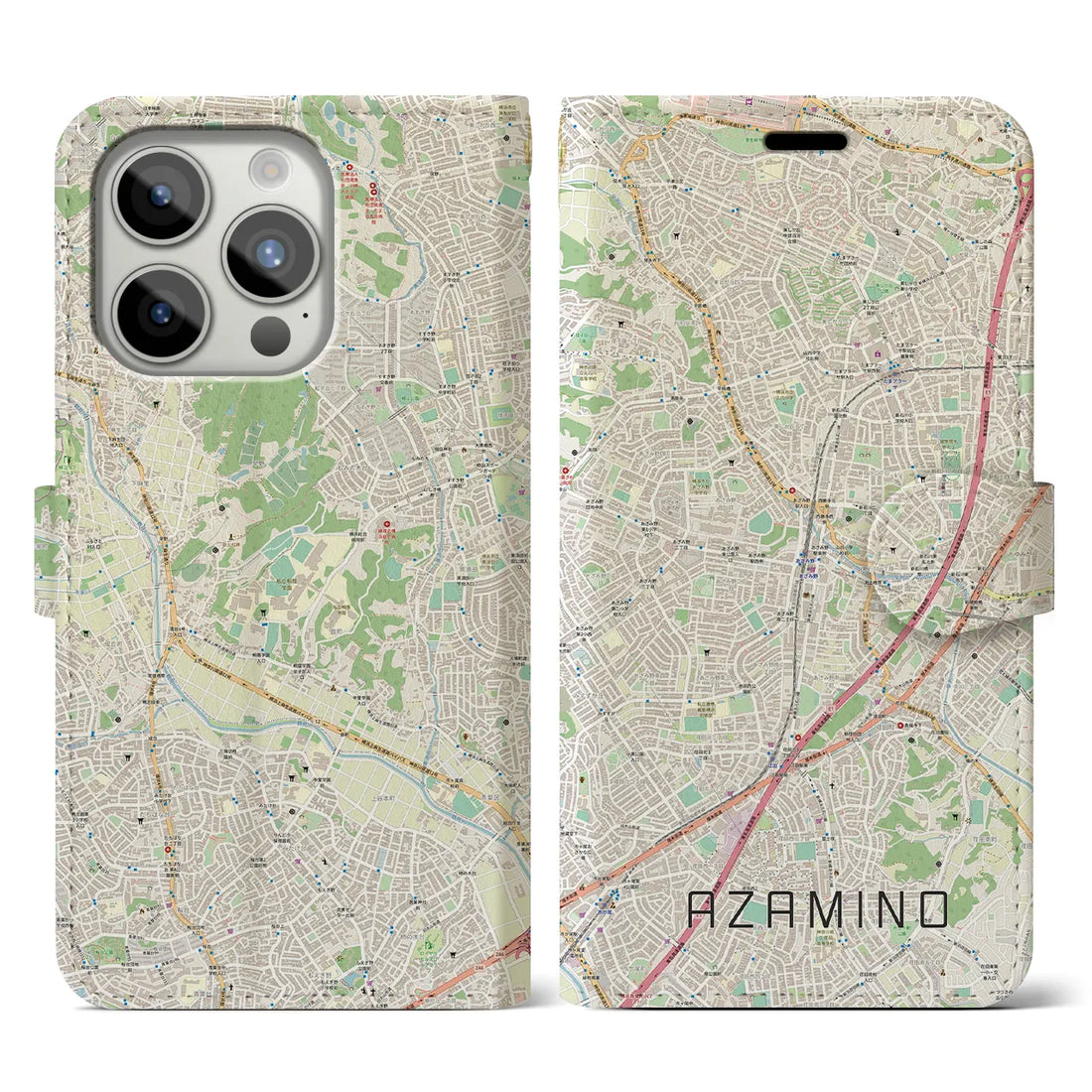 【あざみ野】地図柄iPhoneケース（手帳両面タイプ・ナチュラル）iPhone 15 Pro 用