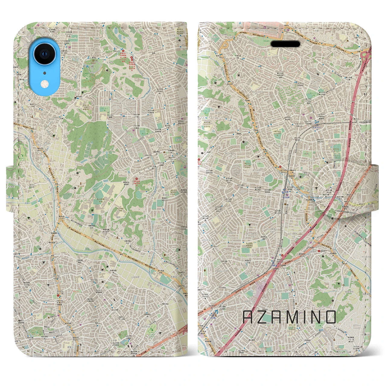 【あざみ野】地図柄iPhoneケース（手帳両面タイプ・ナチュラル）iPhone XR 用