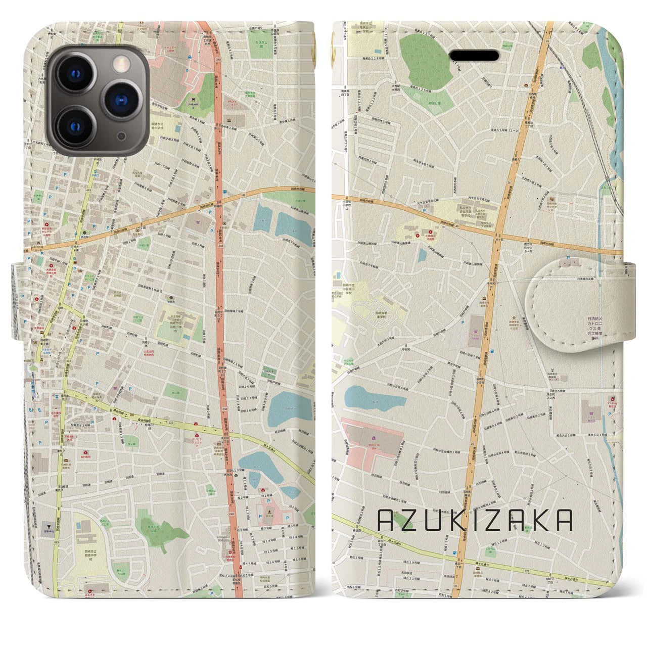 【小豆坂】地図柄iPhoneケース（手帳両面タイプ・ナチュラル）iPhone 11 Pro Max 用