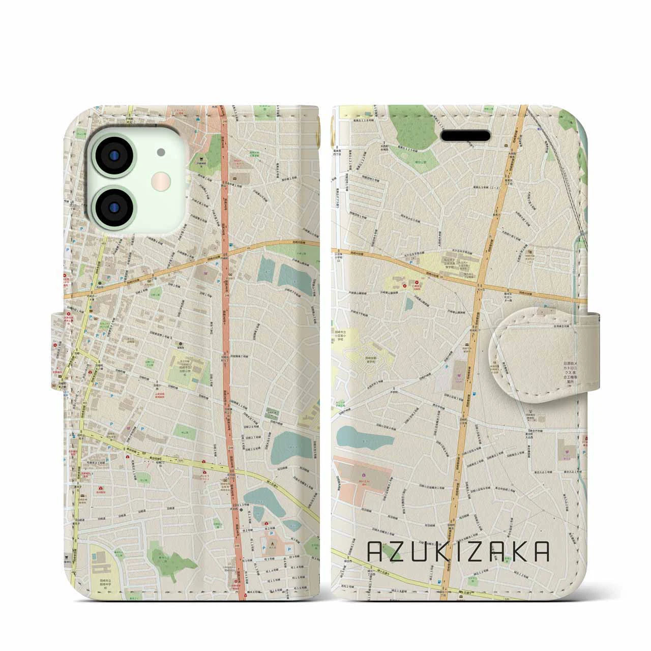 【小豆坂】地図柄iPhoneケース（手帳両面タイプ・ナチュラル）iPhone 12 mini 用