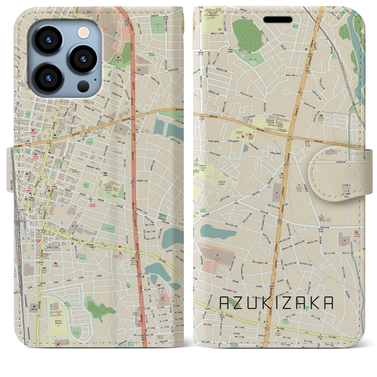 【小豆坂】地図柄iPhoneケース（手帳両面タイプ・ナチュラル）iPhone 13 Pro Max 用