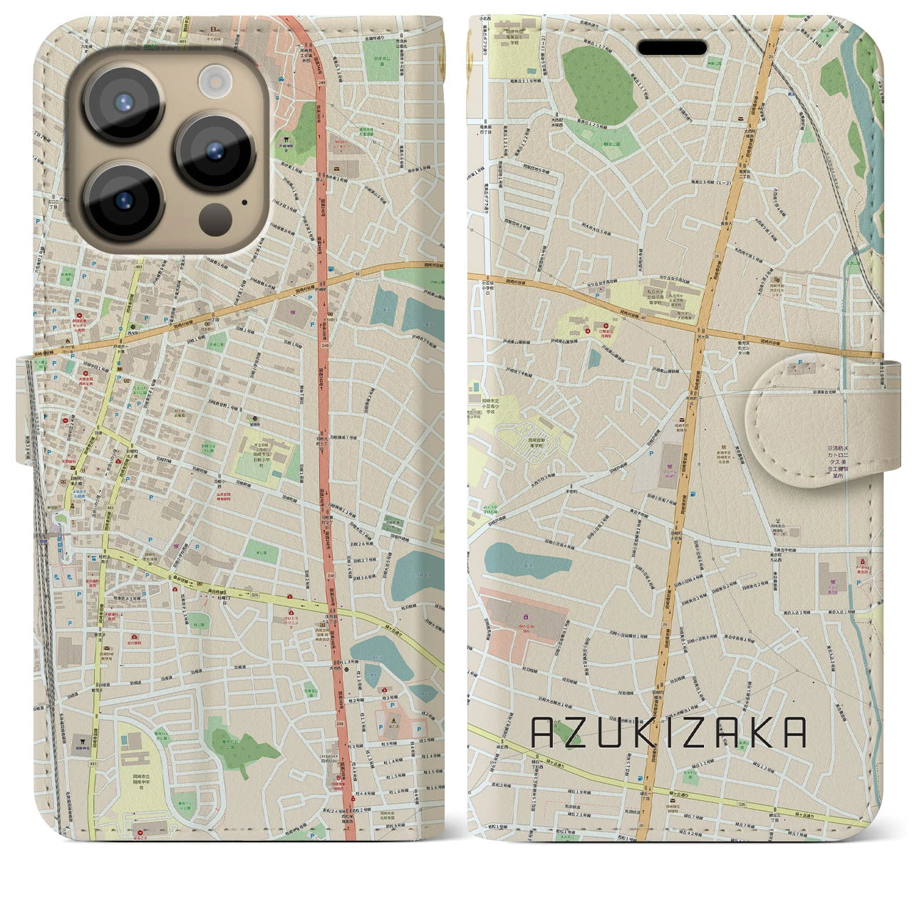 【小豆坂】地図柄iPhoneケース（手帳両面タイプ・ナチュラル）iPhone 14 Pro Max 用