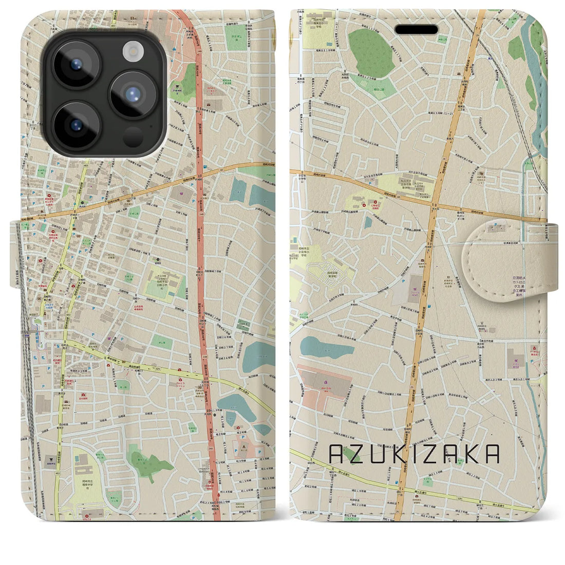 【小豆坂】地図柄iPhoneケース（手帳両面タイプ・ナチュラル）iPhone 15 Pro Max 用