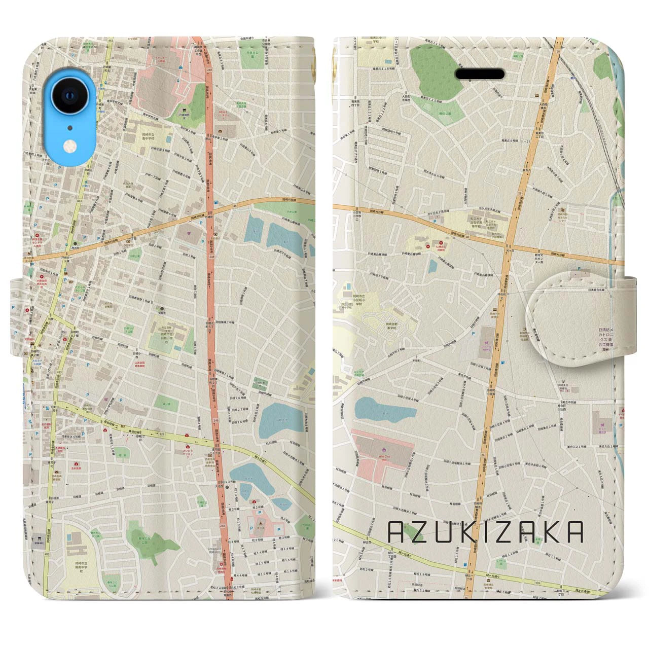 【小豆坂】地図柄iPhoneケース（手帳両面タイプ・ナチュラル）iPhone XR 用