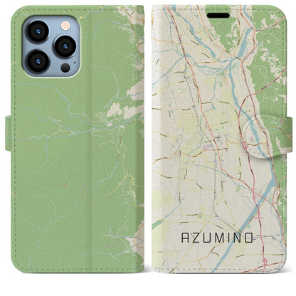 【安曇野（長野県）】地図柄iPhoneケース（手帳タイプ）ナチュラル・iPhone 13 Pro Max 用