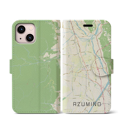 【安曇野（長野県）】地図柄iPhoneケース（手帳タイプ）ナチュラル・iPhone 13 mini 用