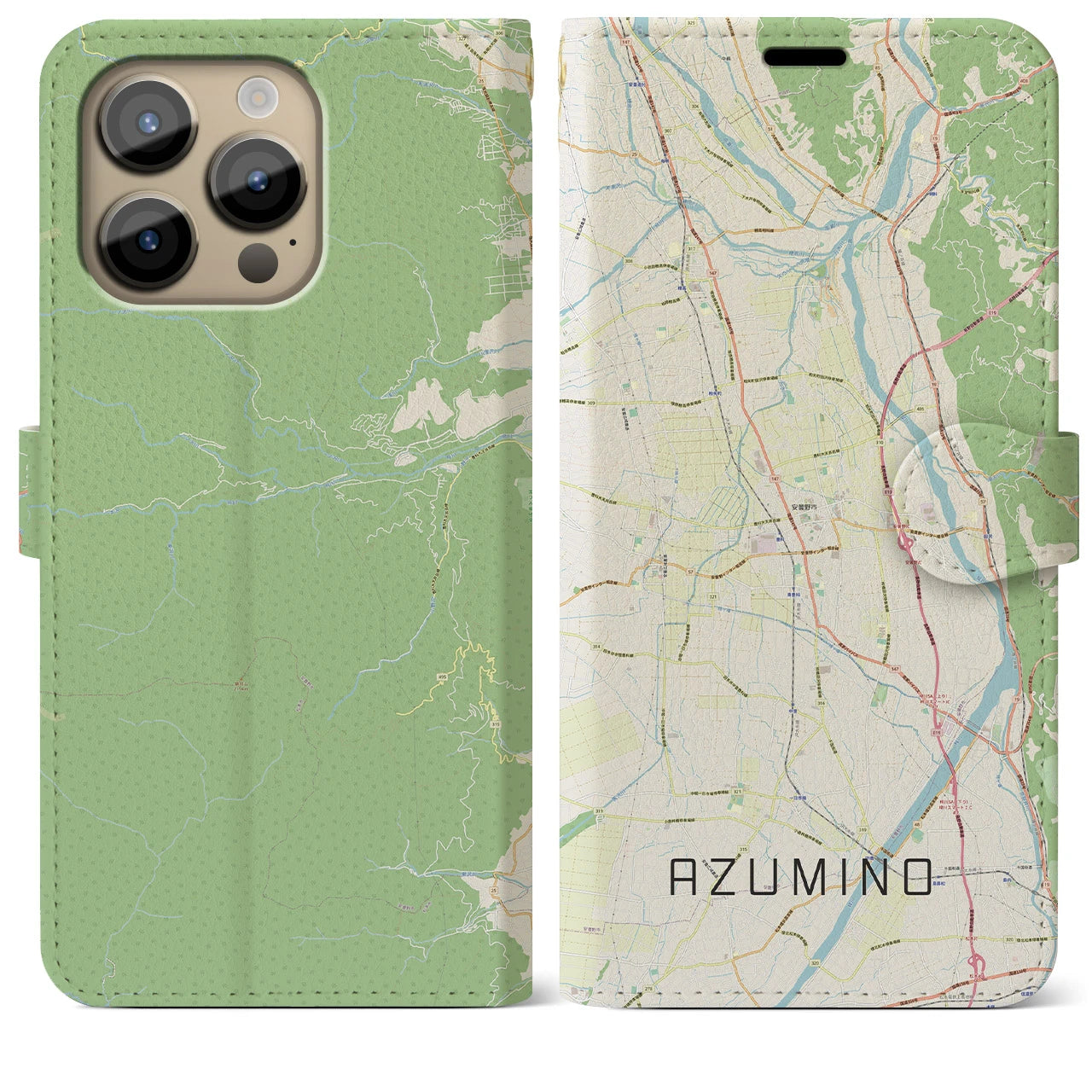 【安曇野】地図柄iPhoneケース（手帳両面タイプ・ナチュラル）iPhone 14 Pro Max 用