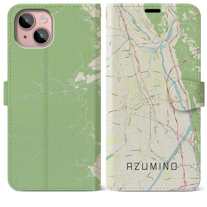 【安曇野（長野県）】地図柄iPhoneケース（手帳タイプ）ナチュラル・iPhone 15 Plus 用