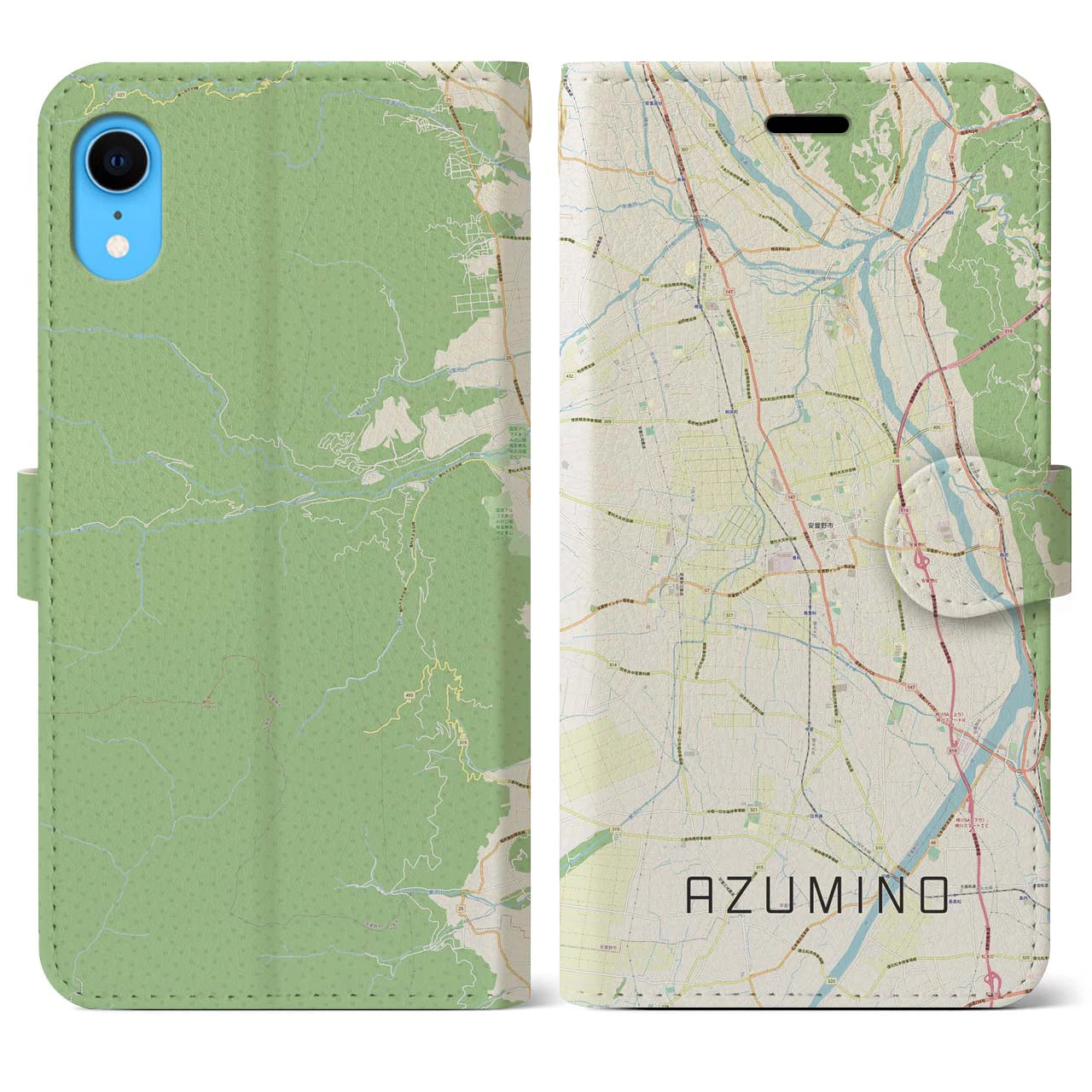 【安曇野】地図柄iPhoneケース（手帳両面タイプ・ナチュラル）iPhone XR 用