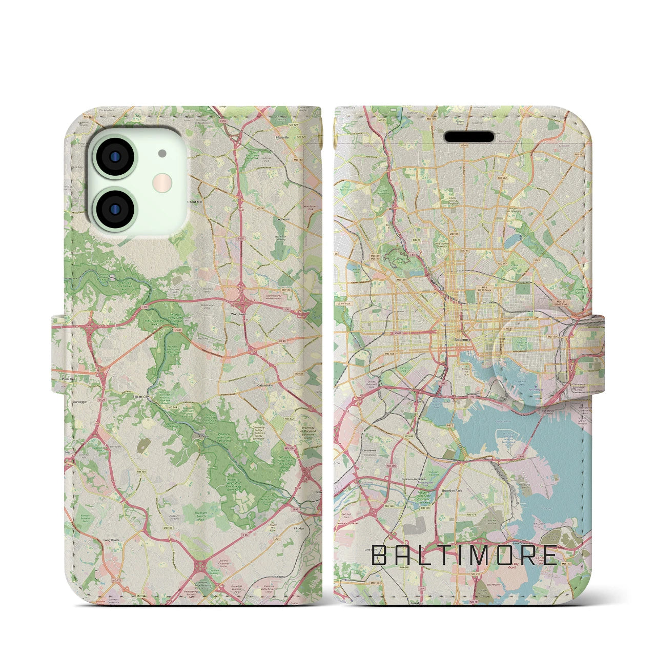 【ボルチモア】地図柄iPhoneケース（手帳両面タイプ・ナチュラル）iPhone 12 mini 用