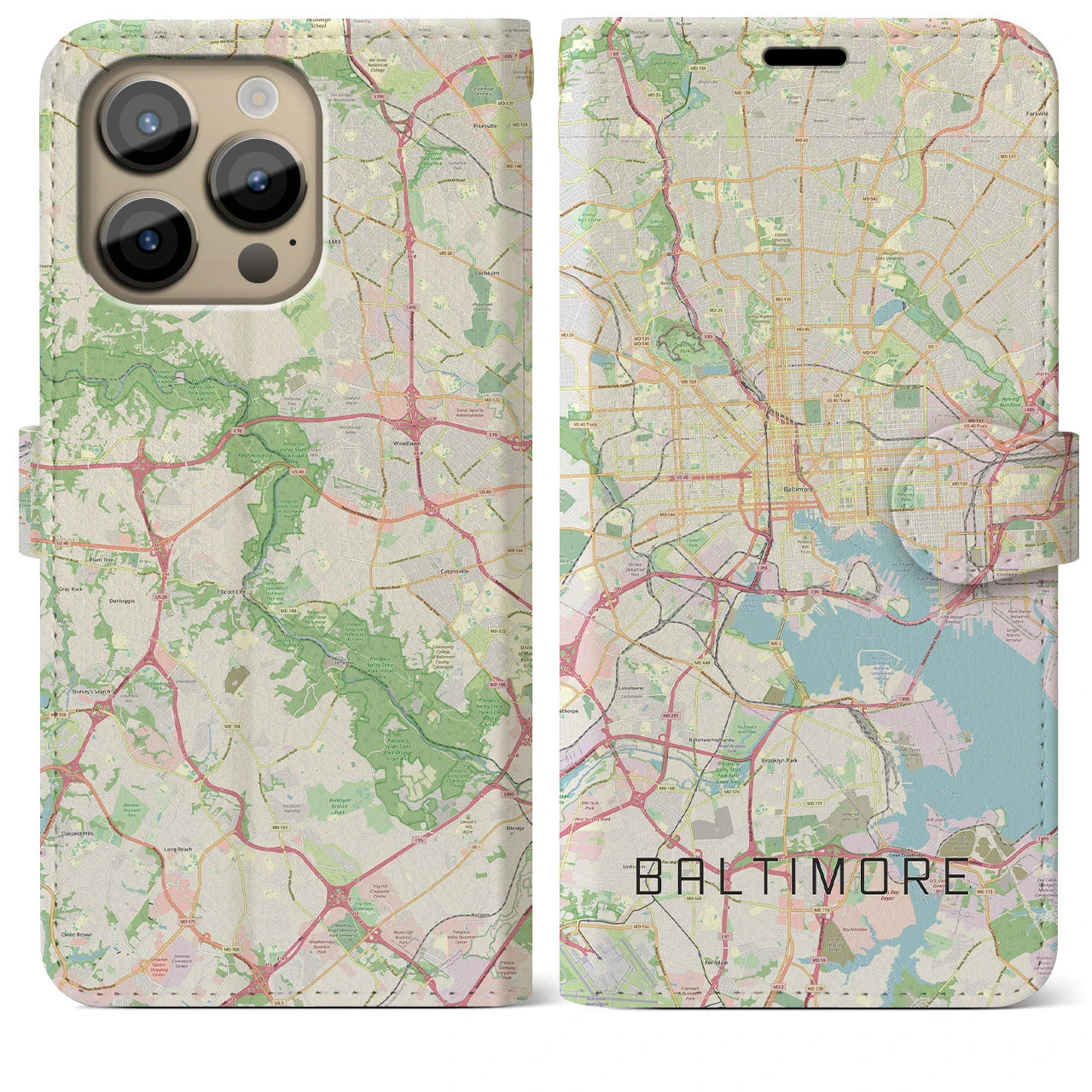 【ボルチモア】地図柄iPhoneケース（手帳両面タイプ・ナチュラル）iPhone 14 Pro Max 用