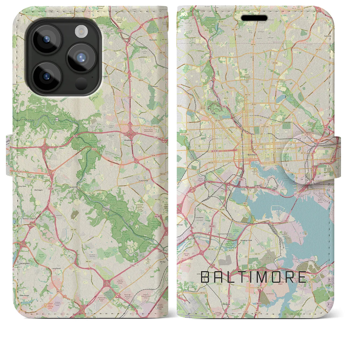 【ボルチモア】地図柄iPhoneケース（手帳両面タイプ・ナチュラル）iPhone 15 Pro Max 用