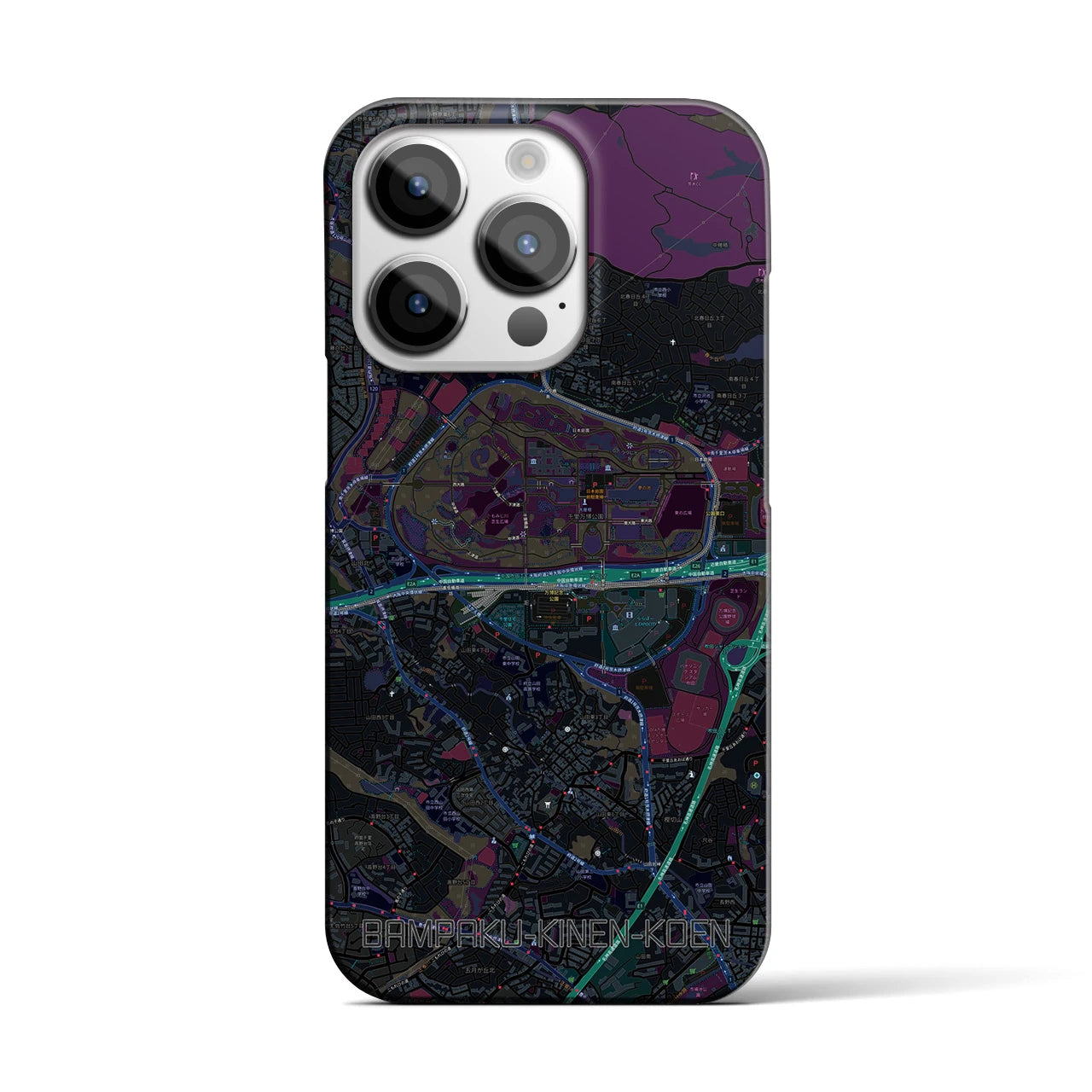 【万博記念公園】地図柄iPhoneケース（バックカバータイプ・ブラック）iPhone 14 Pro 用