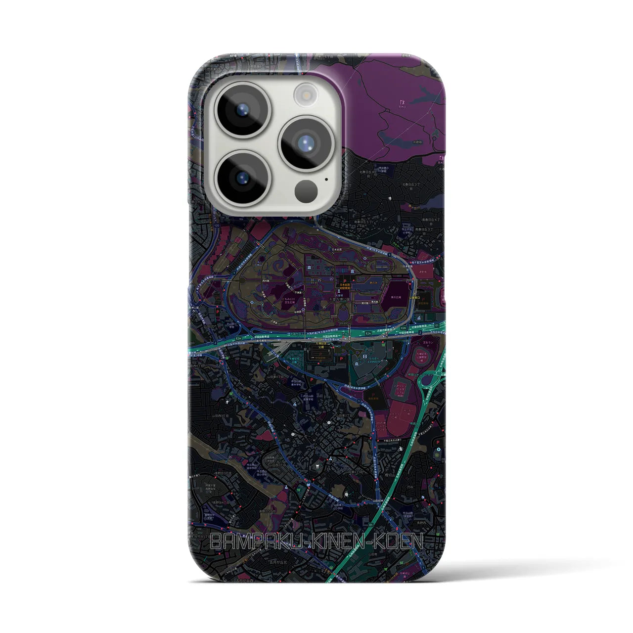 【万博記念公園】地図柄iPhoneケース（バックカバータイプ・ブラック）iPhone 15 Pro 用