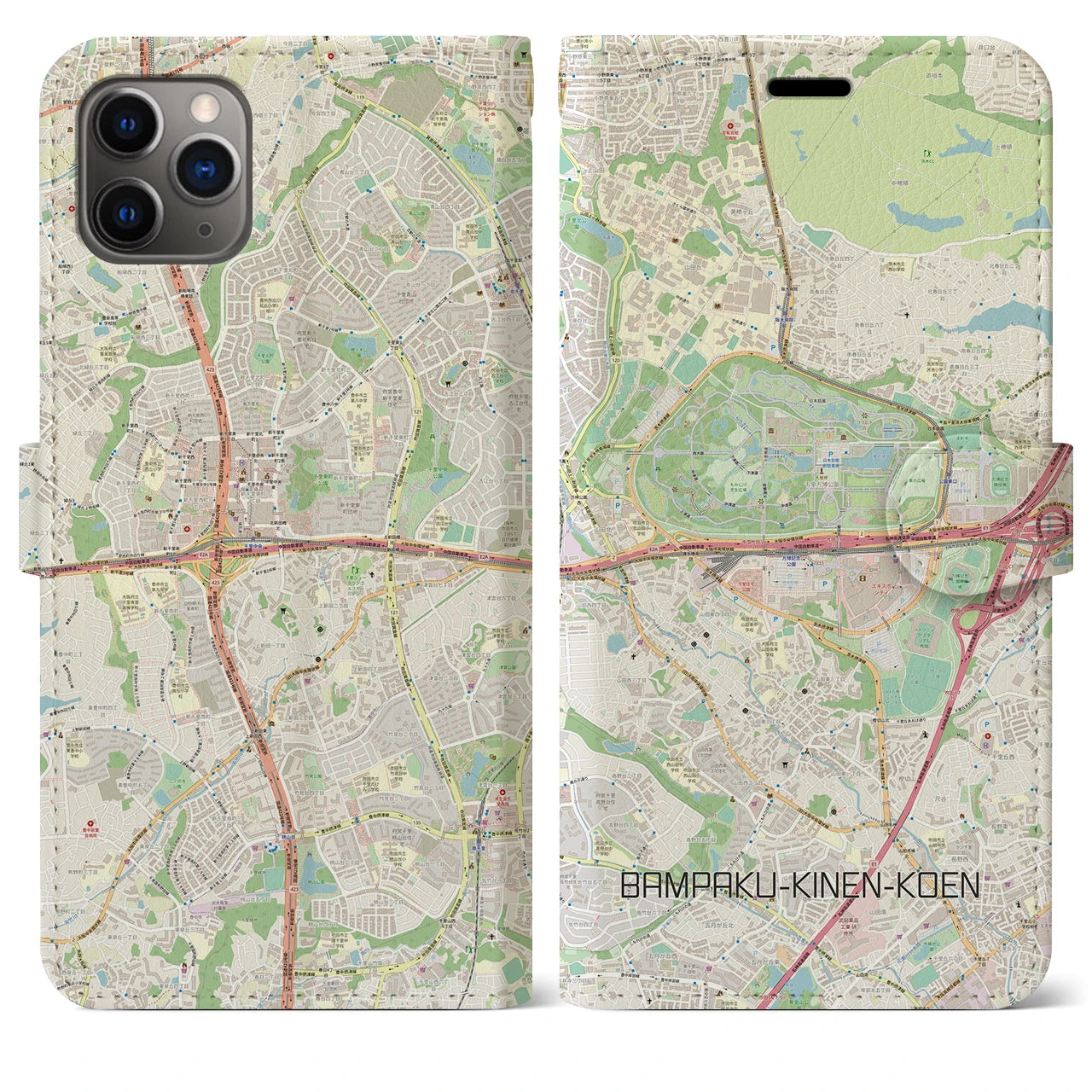 【万博記念公園】地図柄iPhoneケース（手帳両面タイプ・ナチュラル）iPhone 11 Pro Max 用