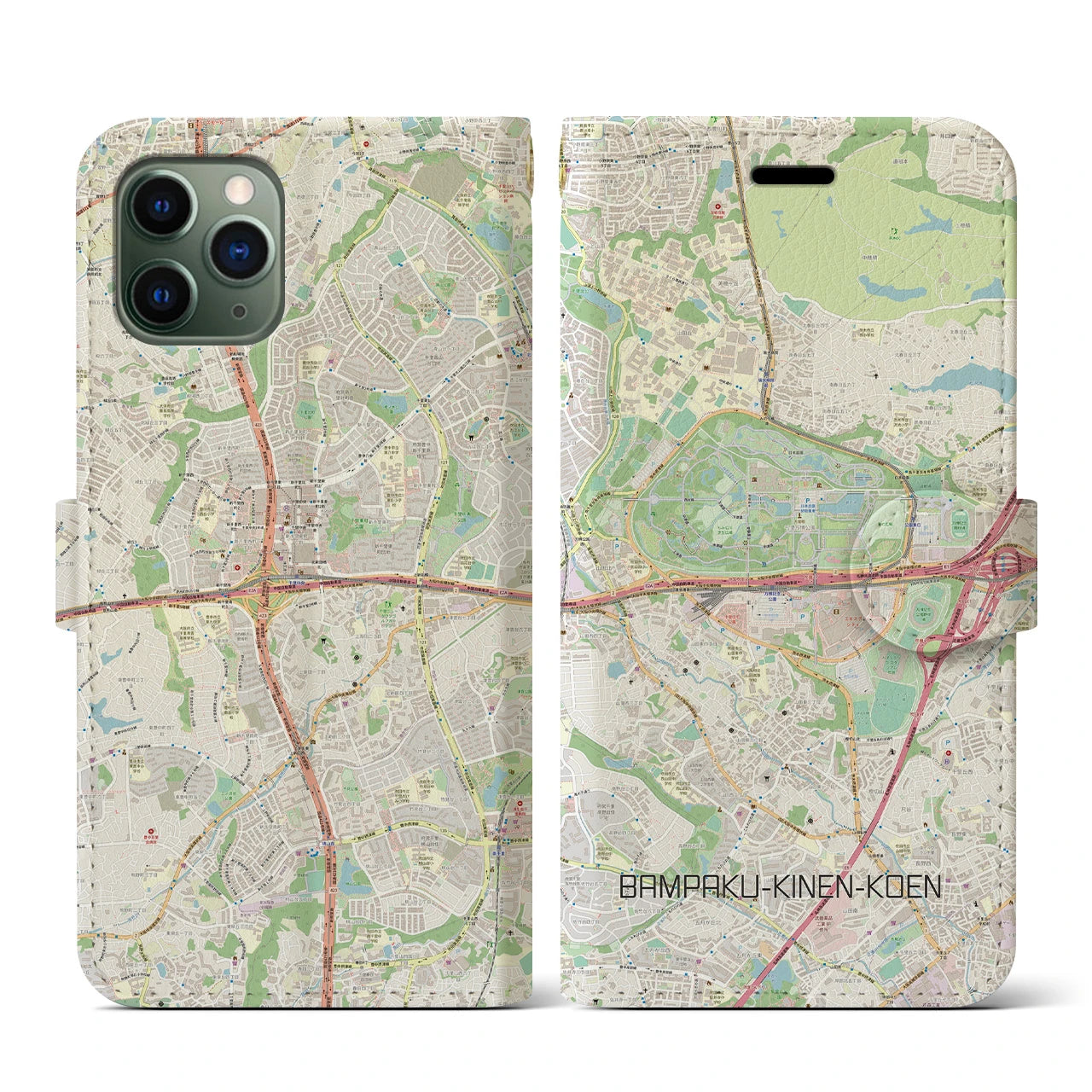 【万博記念公園】地図柄iPhoneケース（手帳両面タイプ・ナチュラル）iPhone 11 Pro 用