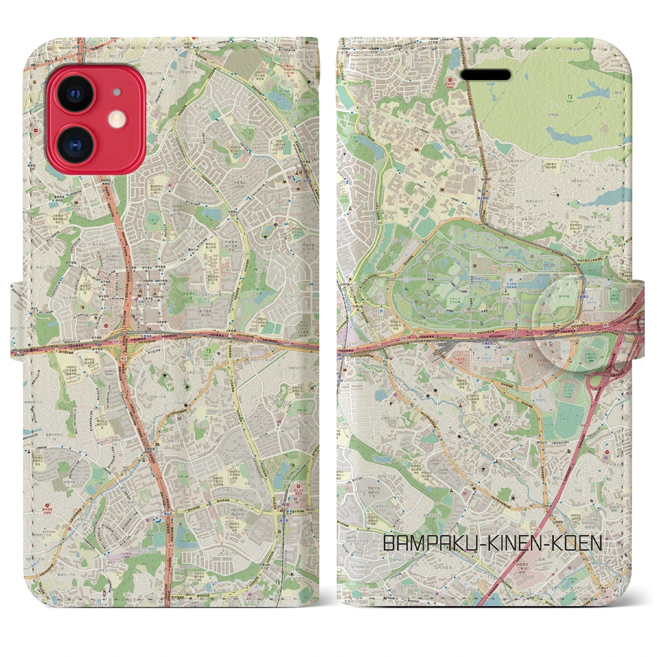 【万博記念公園】地図柄iPhoneケース（手帳両面タイプ・ナチュラル）iPhone 11 用