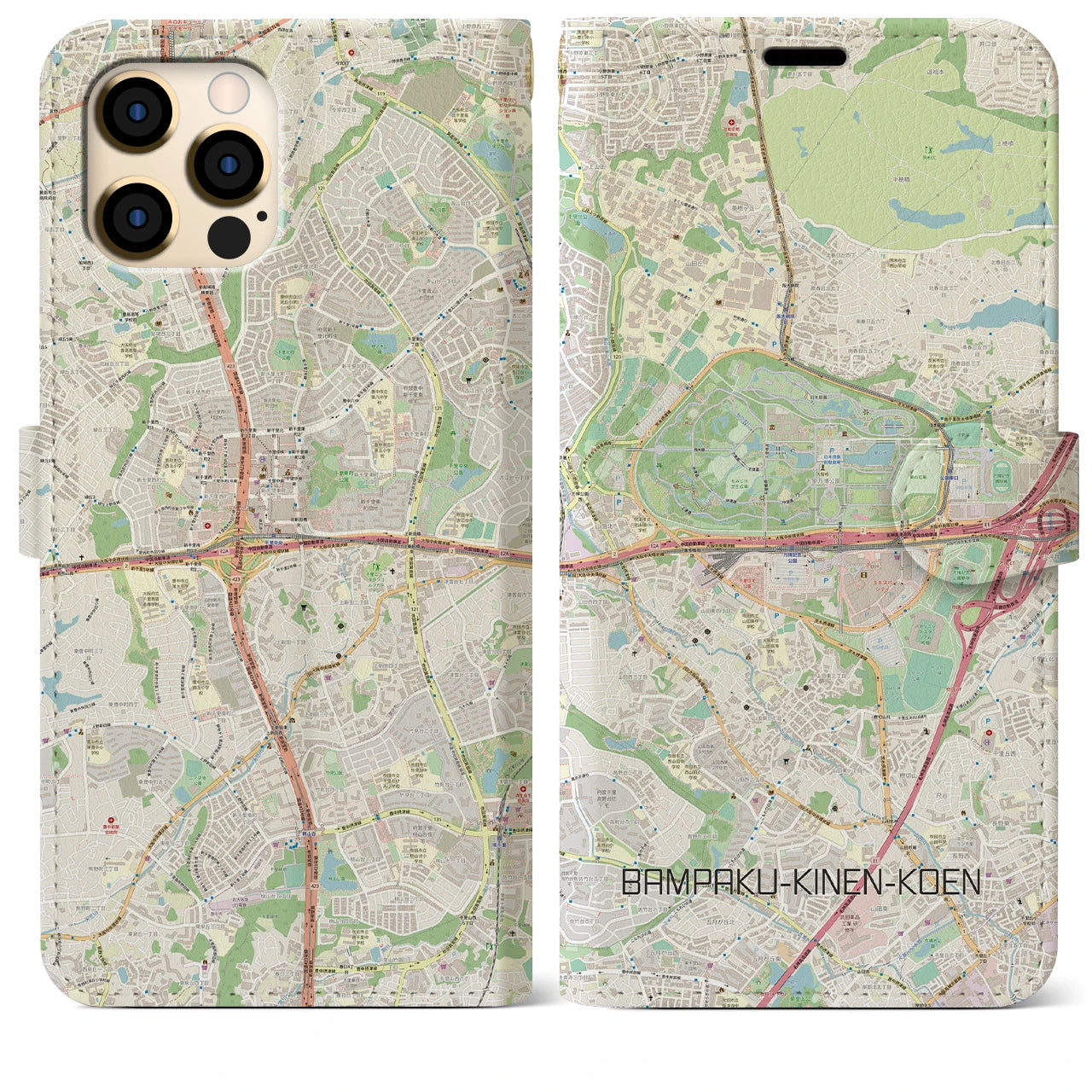 【万博記念公園】地図柄iPhoneケース（手帳両面タイプ・ナチュラル）iPhone 12 Pro Max 用