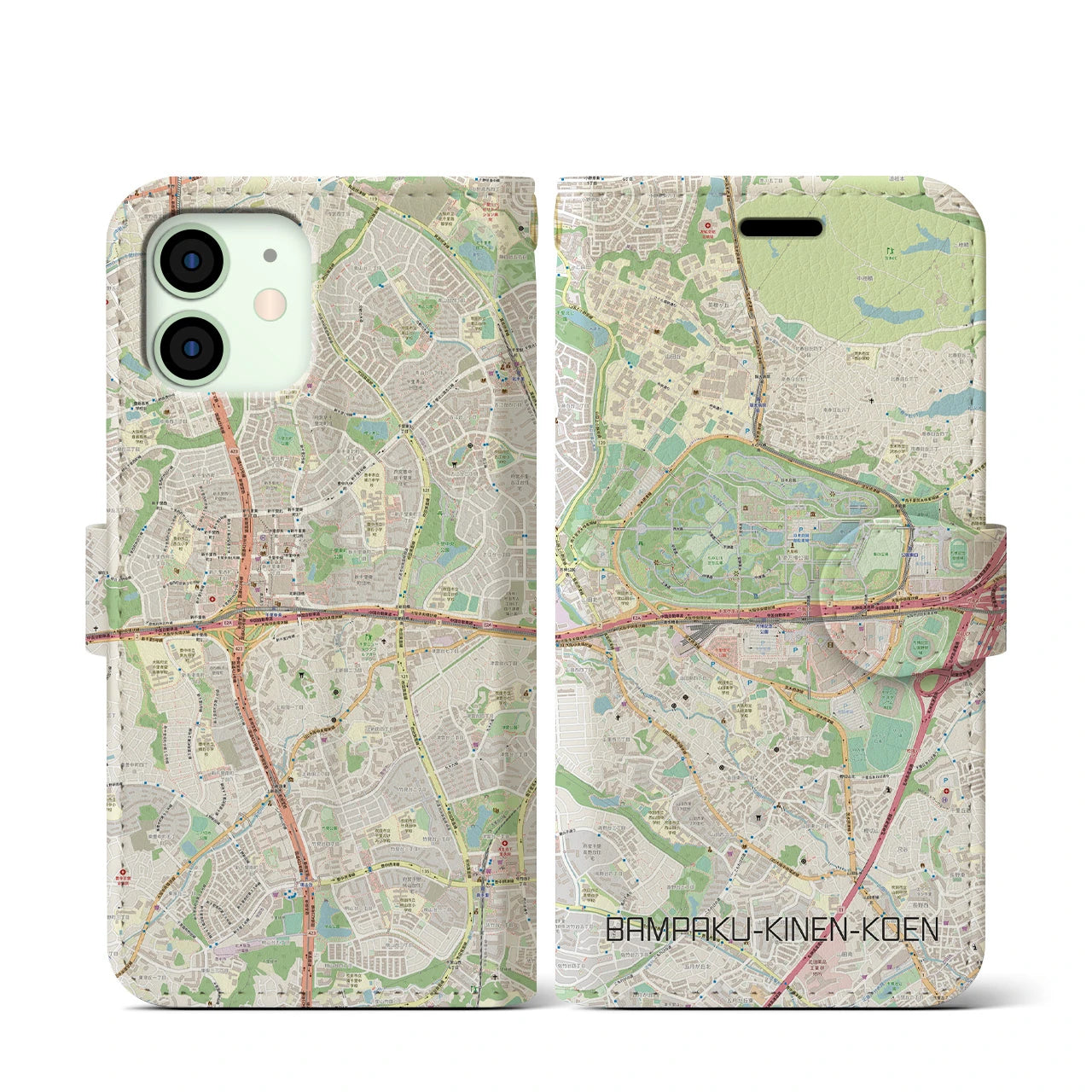 【万博記念公園】地図柄iPhoneケース（手帳両面タイプ・ナチュラル）iPhone 12 mini 用