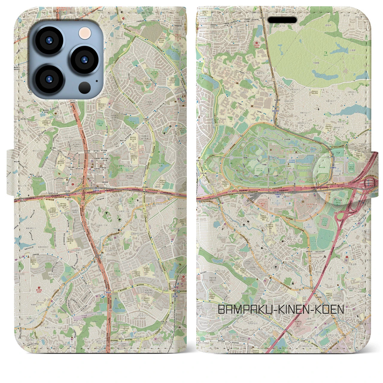 【万博記念公園】地図柄iPhoneケース（手帳両面タイプ・ナチュラル）iPhone 13 Pro Max 用