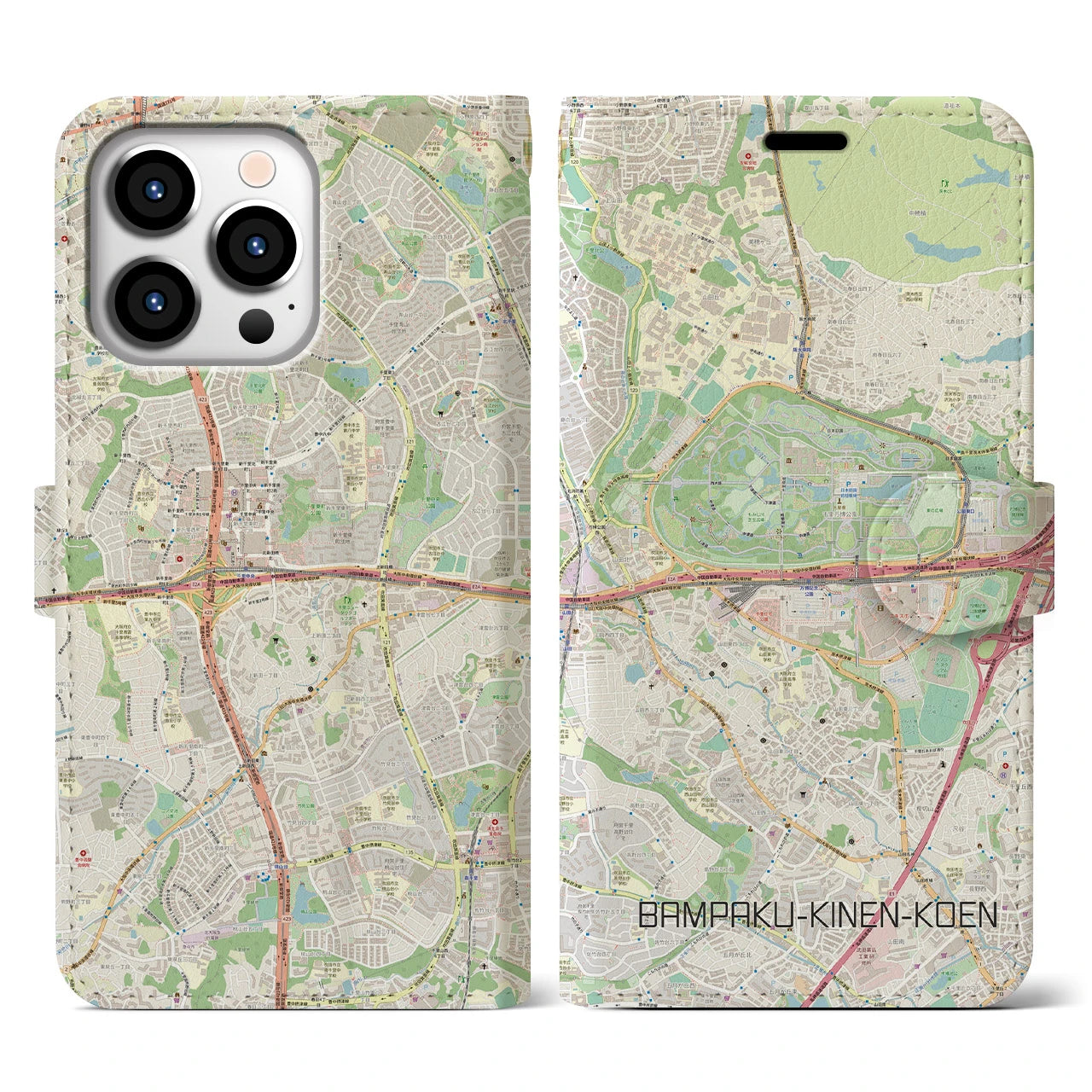 【万博記念公園】地図柄iPhoneケース（手帳両面タイプ・ナチュラル）iPhone 13 Pro 用
