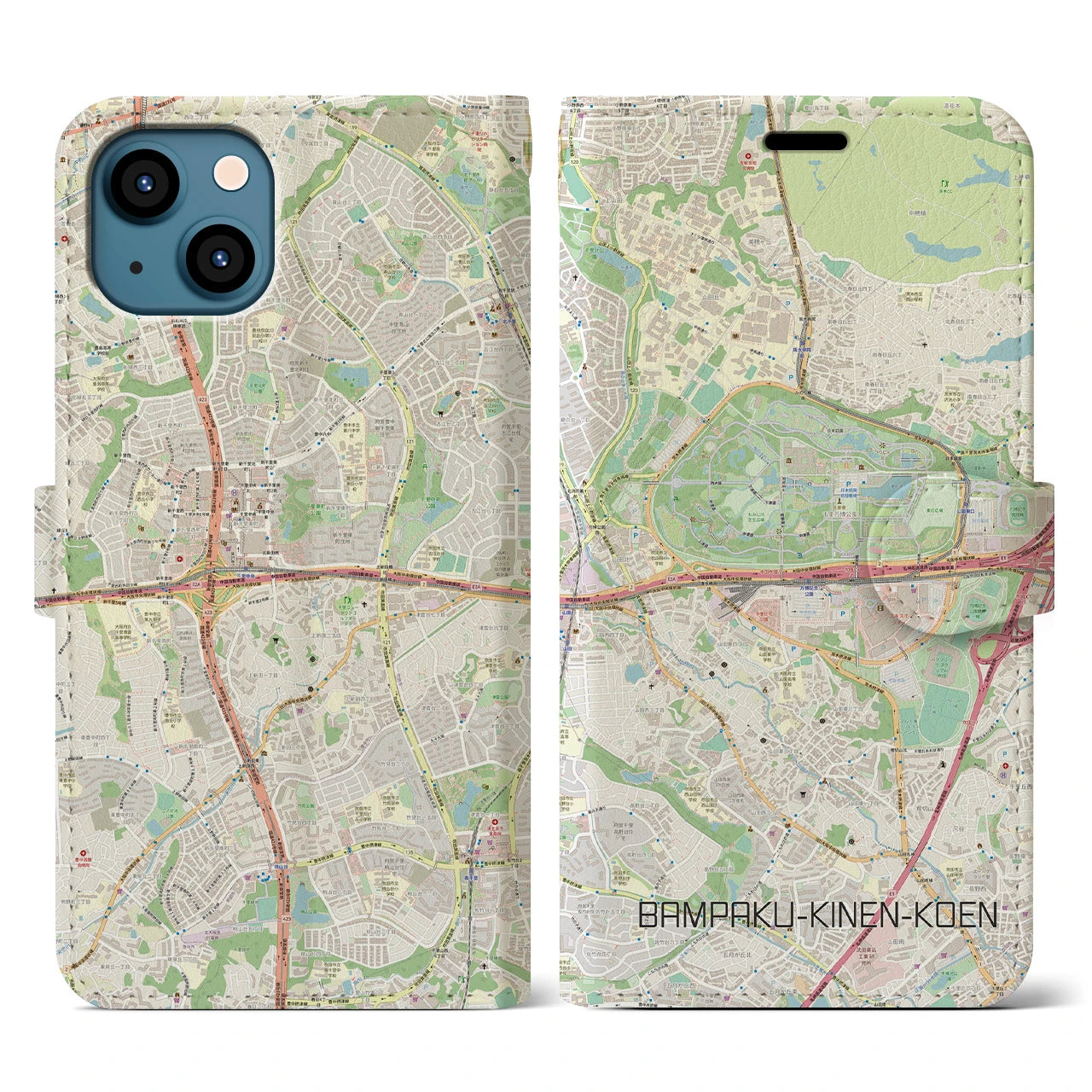 【万博記念公園】地図柄iPhoneケース（手帳両面タイプ・ナチュラル）iPhone 13 用