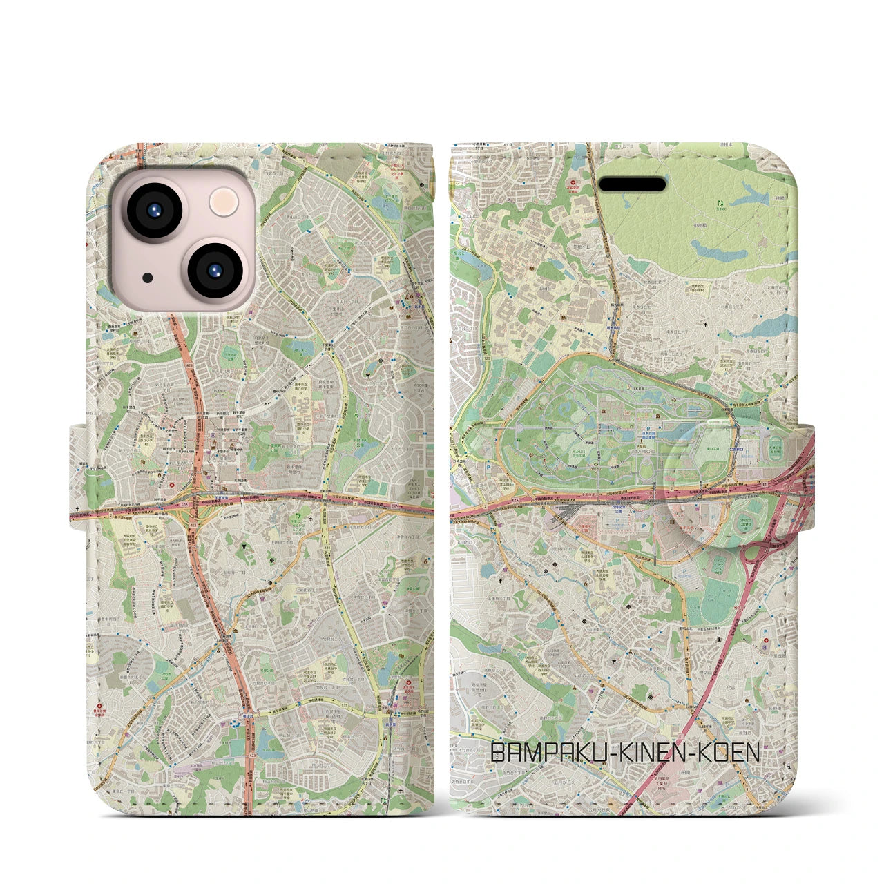 【万博記念公園】地図柄iPhoneケース（手帳両面タイプ・ナチュラル）iPhone 13 mini 用