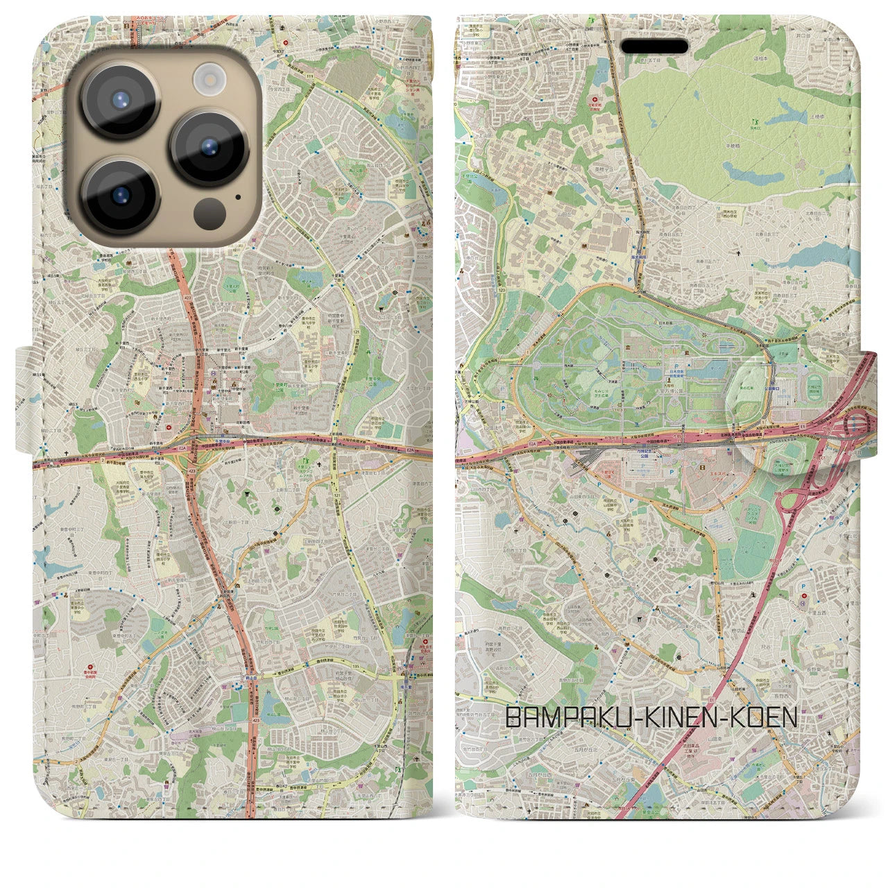 【万博記念公園】地図柄iPhoneケース（手帳両面タイプ・ナチュラル）iPhone 14 Pro Max 用